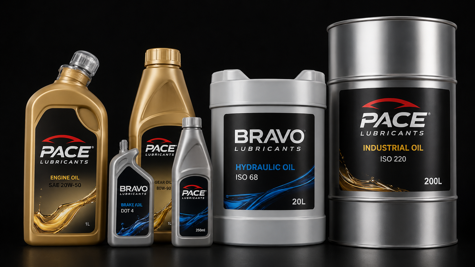 PACE and Bravo Lubricants full engine oil, gear oil, hydraulic and industrial oil range